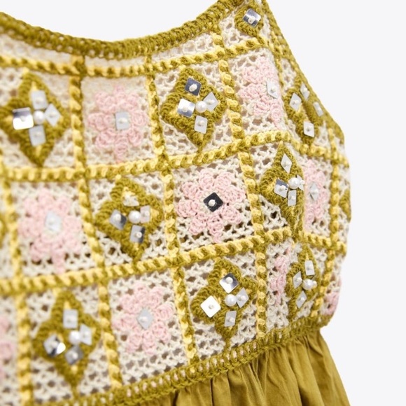 ZARA Mixed Beaded Crochet Lace Dress Halter Backless Khaki Midi-Maxi Dress - Picture 2 of 10